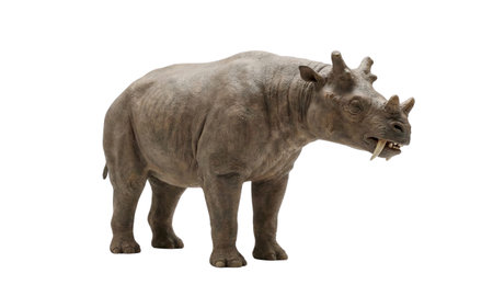 A magnificent Elasmotherium, also known as Siberian unicorn, showcasing its large single horn and tusks, ancient.の写真素材