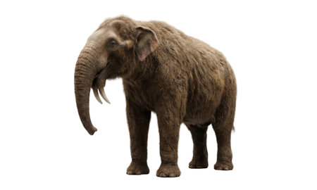 Extinct mammoth relative with brown fur. Ancient animal standing still. Scientific reconstruction of...