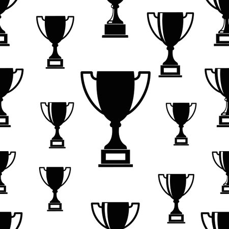 Victory awards texture. Repeating black trophy icons on white. Professional sports competition graphic design.のイラスト素材
