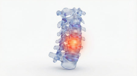 Cervical spine with painful area highlighted, human anatomy, skeletal structure, medical condition,...