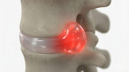 Close up view of human vertebrae and intervertebral disc bulge, medical visualization of back injury...