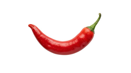 Vibrant red chili pepper with a green stem, isolated on a clean white background. Fresh and spicy...