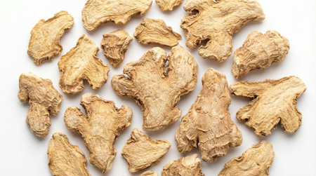 Slices of dried ginger on a white surface. Natural food ingredient and healthy spice for cooking and...
