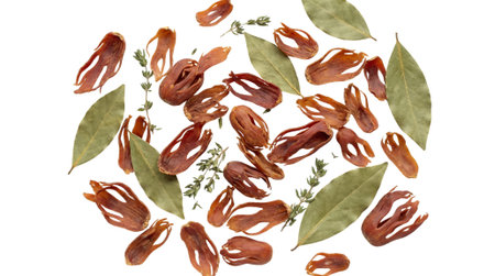 Aromatic culinary spices, dried orange mace blades, green bay leaves, fresh thyme herbs, food...