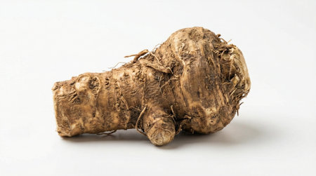 Freshly harvested burdock root with a textured exterior and distinct shape, isolated on a clean...