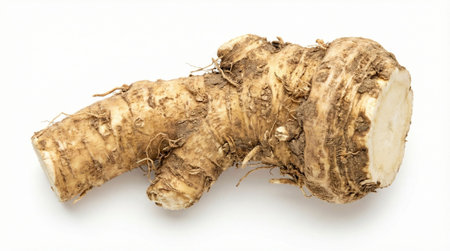 Fresh horseradish root on white studio background. Organic root vegetable, food ingredient, spicy flavor, ingredient for sauces.の写真素材
