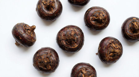 Closeup of water chestnuts corms on white surface, root vegetable with texture, ready for culinary...