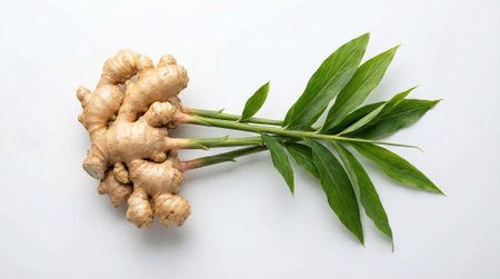 Raw ginger rhizome plant attached to long green stems and foliage isolated on plain white surface...