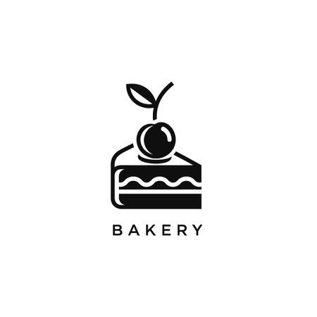 Stylized cake slice and cherry symbol. Minimalist bakery  design. Sweet dessert icon. Professional...