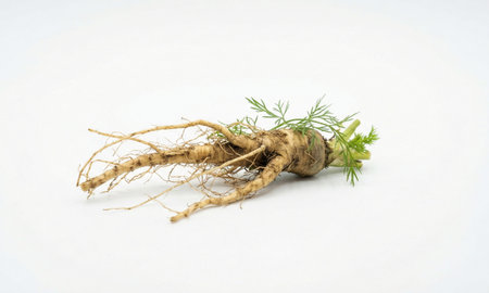 Irregular shaped parsnip vegetable, tangled roots, small green leaves, raw garden harvest conceptの写真素材