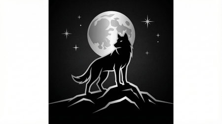 Powerful wolf silhouette stands on mountain, illuminated by full moon and sparkling stars, wild...