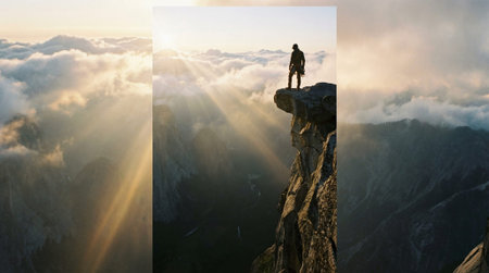 Mountain hiker silhouette on cliff, sun rays through mist, cinematic alpine landscape, peak success...