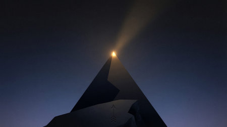 Minimalist geometric illustration of a mountain peak under a dark sky, illuminated by a guiding...