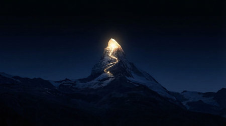 Dramatic night scene featuring a majestic mountain peak with a glowing, winding trail leading to its summit.の写真素材