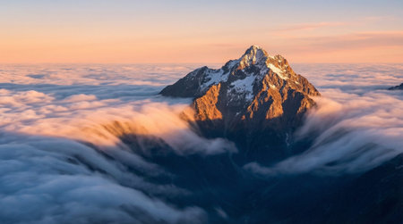 High altitude mountain summit. golden hour lighting. ocean of clouds below. sharp rocky ridges. winter sceneryの写真素材