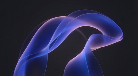Abstract design with graceful, flowing blue and purple gradient ribbons on dark background, creating...