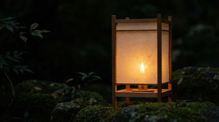 Paper lantern, modern design, internal light, mossy rocks, dark forest, tranquil ambianceの写真素材