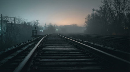 Railway tracks curving, dense fog, industrial setting, bare trees, moody overcast sky,...