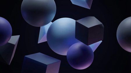 Various geometric shapes, including spheres, cubes, and pyramids, in blue and purple hues, floating...