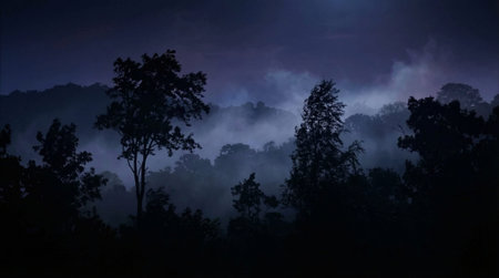 Vast forest landscape with rolling hills obscured by swirling mist and silhouetted trees under a...
