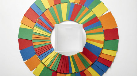 Vibrant paper squares in rainbow colors forming concentric circles around central plastic container...