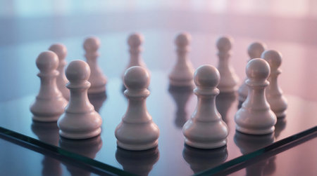 Clean white gaming pieces in round group, strategic positioning on transparent surface, bright...