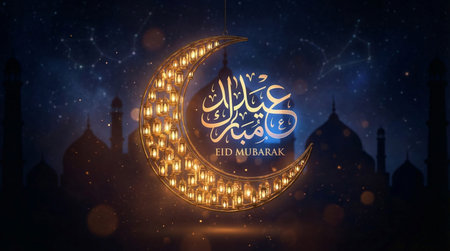 Golden crescent moon containing many small lamps hanging against night sky with blurred mosque...