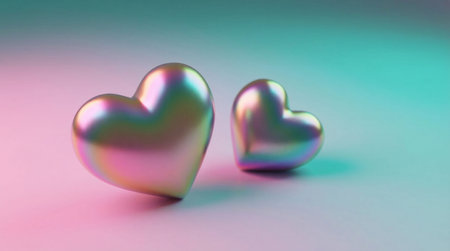 Lustrous chrome heart shapes. Colorful iridescent finish on reflective objects. Artistic composition...