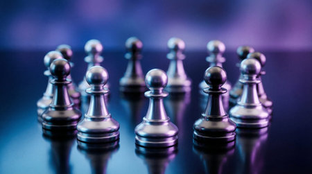 Strategic concept with chess pieces. Silver pawns in circular formation. Moody lighting on dark...