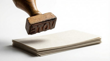Old wooden stamp with word vote. Ready to mark paper envelopes. Concept for casting vote and...