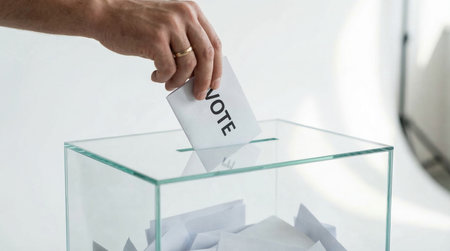 Detailed shot of voter hand dropping ballot. Word vote visible on paper. Transparent box on white...
