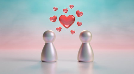 Two abstract figures facing each other with glowing hearts above, representing love, romance,...