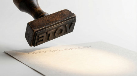 Handheld wooden stamp with word vote. Hovering over official ballot paper. Making mark on document.
