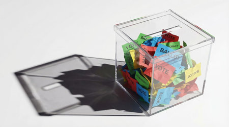 Clear acrylic box with many colorful paper ballots inside. Symbol of voting and democracy. Election...