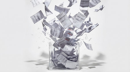 Dynamic composition showing many official voting papers flying into air with broken glass shards...