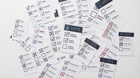Numerous scattered vote ballots display candidate names, some with blue checkmarks and red crosses,...