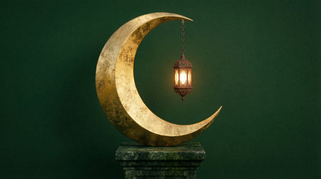 Textured golden lunar shape with hanging bronze lamp, religious holiday background for ramadan...