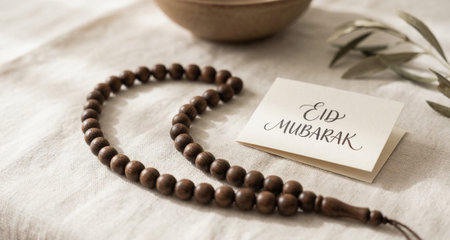 Minimalist holiday card with calligraphy text accompanied by traditional rosary beads and olive...