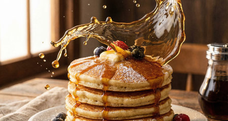 Delicious breakfast scene featuring fluffy pancakes with fruit and golden syrup splash on rustic wooden table indoorsの写真素材