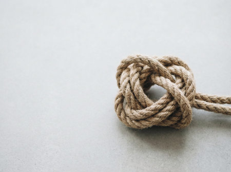 Thick twisted jute rope, secure knot structure, neutral background, industrial material, nautical theme, symbol of unity