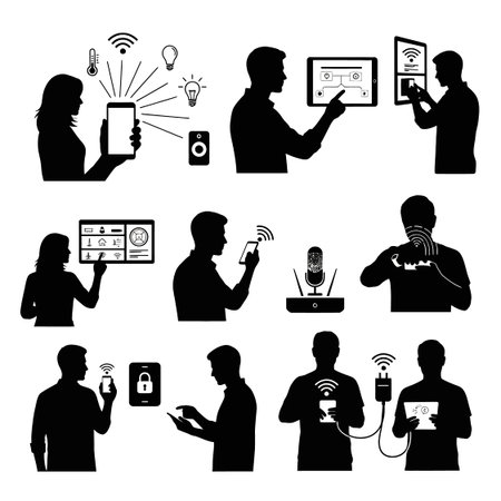 Collection of black silhouettes demonstrating remote control of lighting security and electronics in...