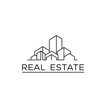 Modern and clean real estate  featuring a skyline of outlined buildings above the words 'REAL ESTATE'.のイラスト素材