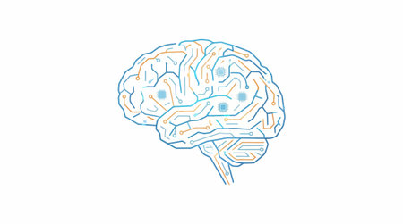 Digital brain with glowing microchips and circuit lines, symbolizing AI, technology, and smart...