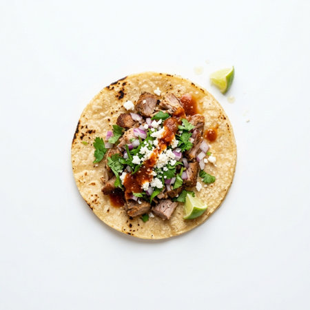 Traditional mexican street taco featuring carnitas meat, fresh cilantro, red onions, salsa, and lime on corn tortilla.