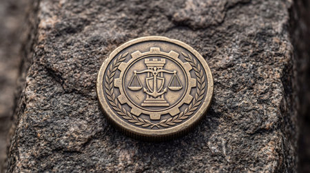 Bronze coin, scales, anchor, gear symbol, industry, finance, business, law, justice, rough stone, textured background, macro, detail.