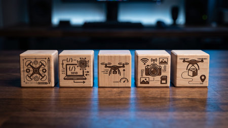 Engraved wood blocks showing symbols for technical design software development UAV operations camera data and logistics.