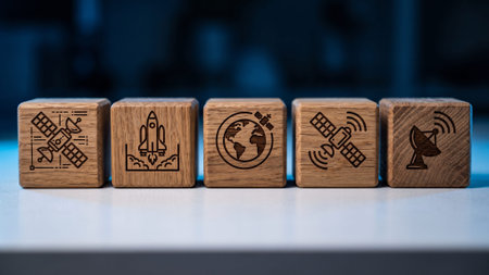 Engraved wood blocks showing orbit satellites and space shuttles. Futuristic aerospace communication icons. Dark blue background.
