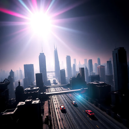 Dramatic cityscape with highway and traffic lights. 3D rendering