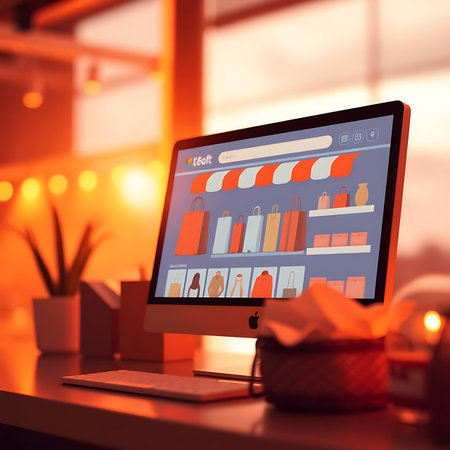 Digital composite of Laptop with shopping app on screen against blurry backgroundの写真素材