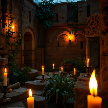Beautiful night garden with candles and plants. 3d rendering.の素材